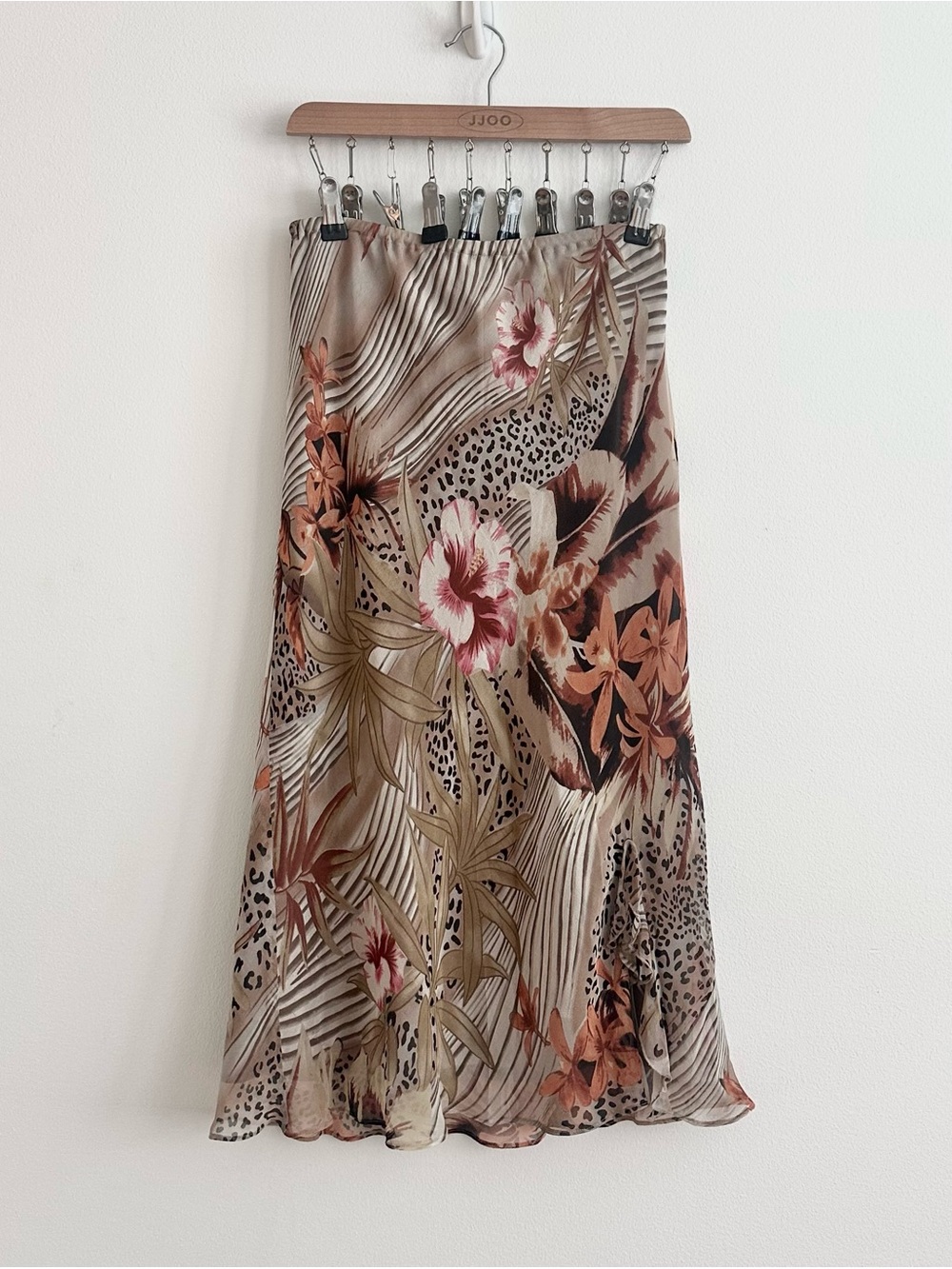 Vintage New York City Design Co. Silk Beige Floral/Leopard Print Midi Skirt